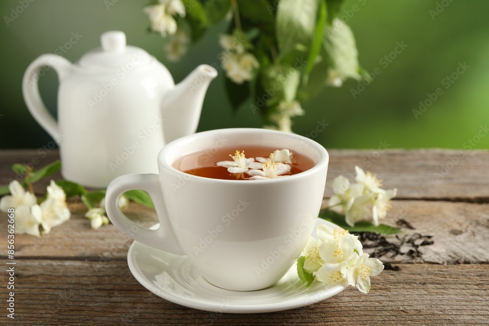 Aromatic jasmine tea in cup, flowers, dry leaves and teapot on wooden table outdoors Aromatic jasmine tea in cup, flowers, dry leaves and teapot on wooden table outdoors