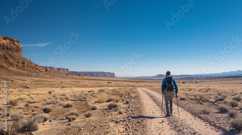 A lone hiker walking along a vast, empty trail in a desert landscape under a clear sky © fivan