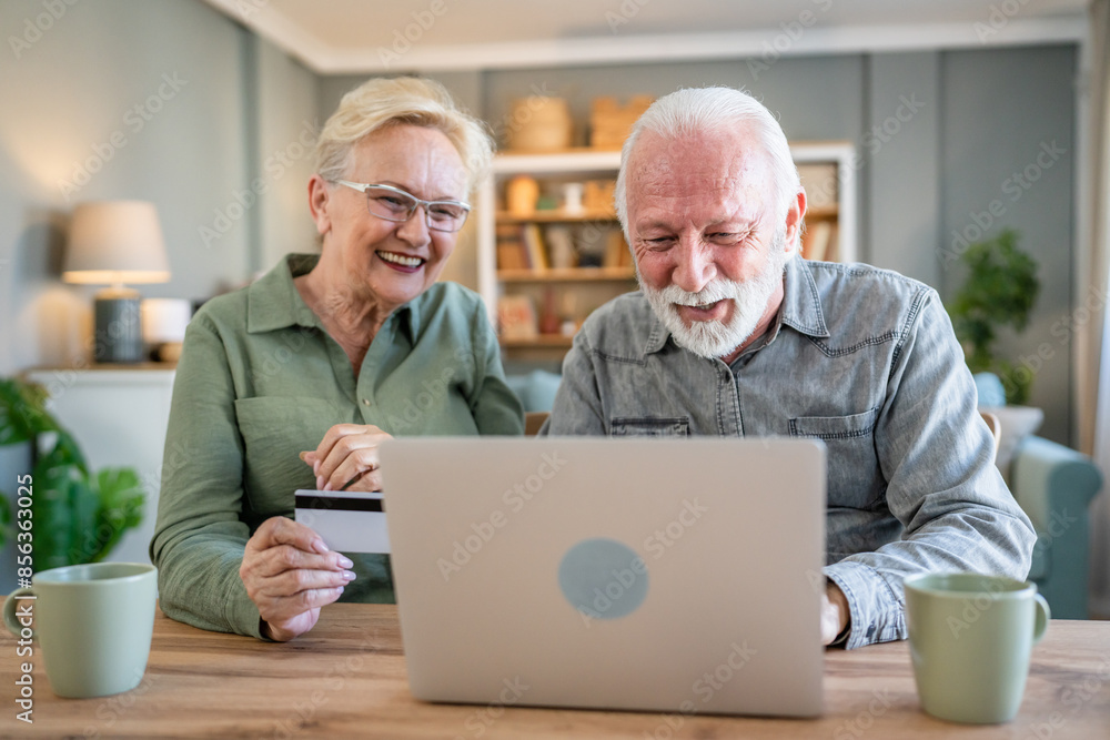 Senior couple husband and wife hold credit card online shopping Senior couple husband and wife hold credit card online shopping