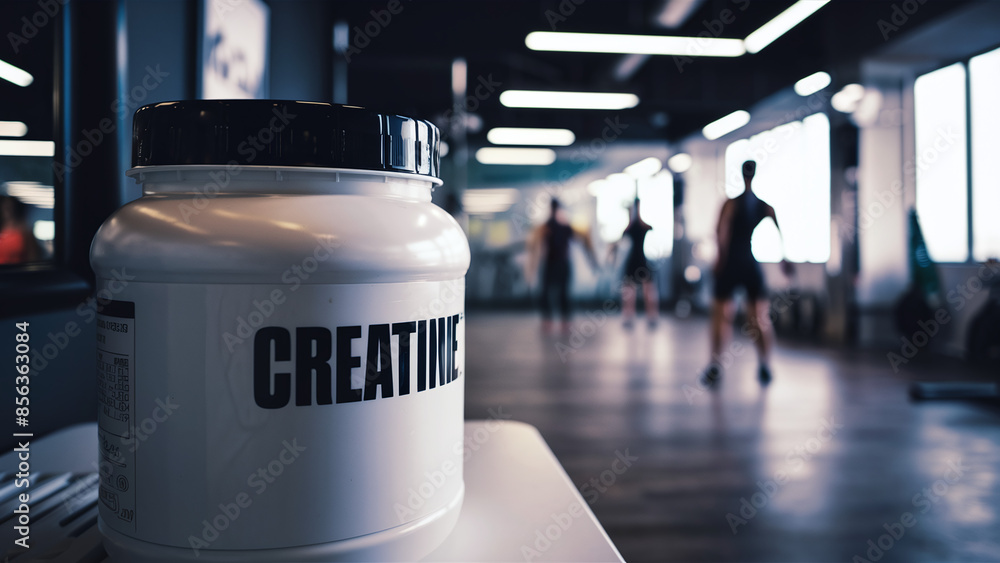 a creatine white plastic pot in a gym, nutritional supplement a creatine white plastic pot in a gym, nutritional supplement