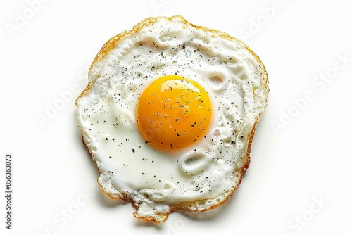 one fried egg on white background top view