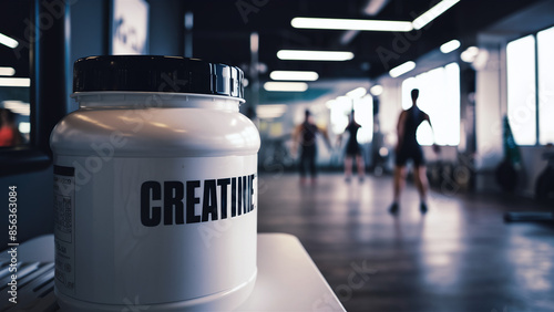 a creatine white plastic pot in a gym, nutritional supplement