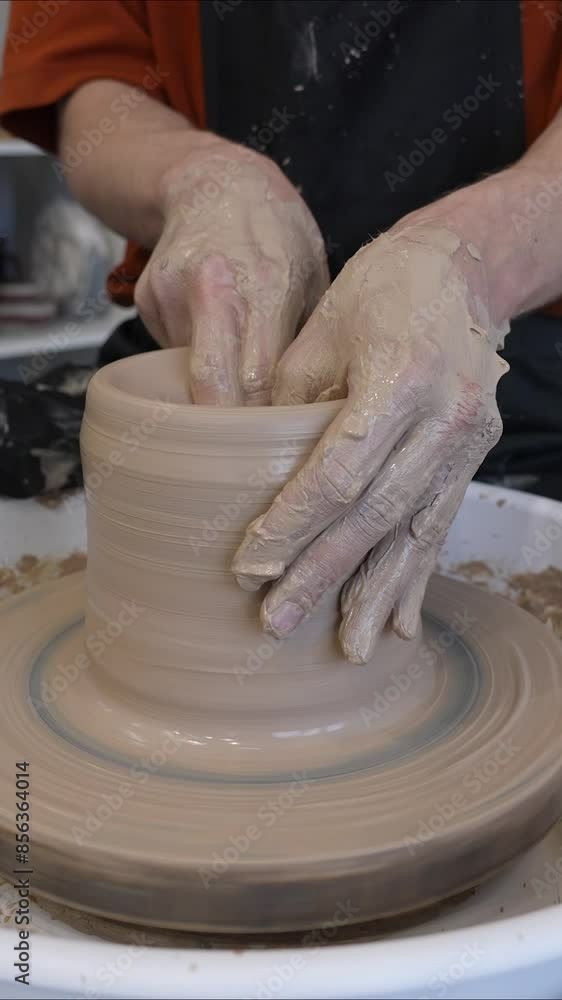 Close-up of a potter's hands making a ceramic jug on a potter's wheel. Vertical video. Close-up of a potter's hands making a ceramic jug on a potter's wheel. Vertical video.