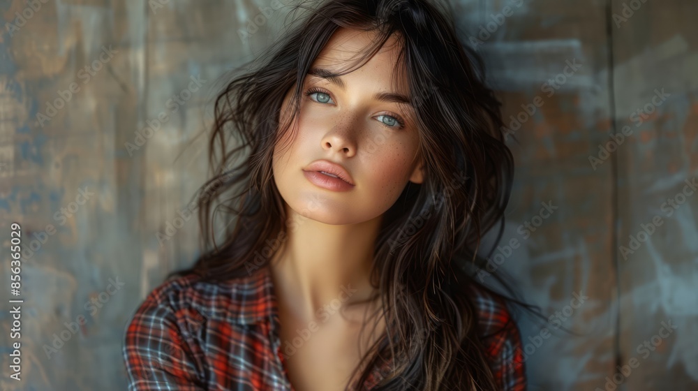Close-up portrait of a young woman with tousled hair and freckles, set against a rustic background, highlighting her natural beauty. Close-up portrait of a young woman with tousled hair and freckles, set against a rustic background, highlighting her natural beauty.