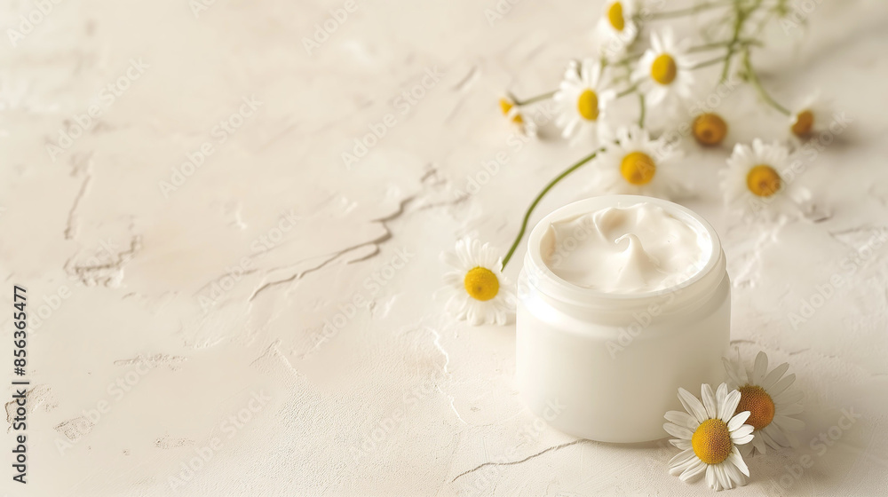 Jar of cream with chamomile flowers on a light background Jar of cream with chamomile flowers on a light background