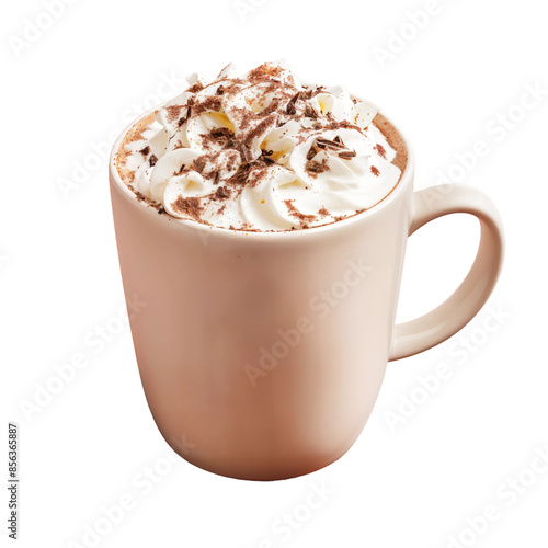 Close-up of hot chocolate topped with whipped cream and cocoa powder in a beige mug on transparent background.