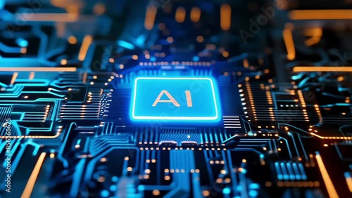 AI text on glowing chip on circuit board with blue and orange neon color scheme. Animation with rotation effect. High quality 4k footage