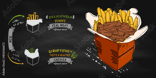 Doner kebab Hand drawn vector illustration. Making doner kebab and kebab ingredients. Fast food design elements. Restaurant cafe poster, template design. 