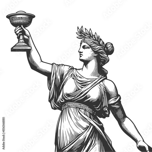 Greek ancient statue of woman in classical attire holding a chalice sketch engraving generative ai fictional character vector illustration. Scratch board imitation. Black and white image.