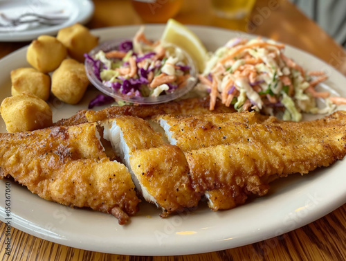 A plate of fish with a side of coleslaw and potatoes. The fish is fried and has a crispy texture. The plate is set on a wooden table