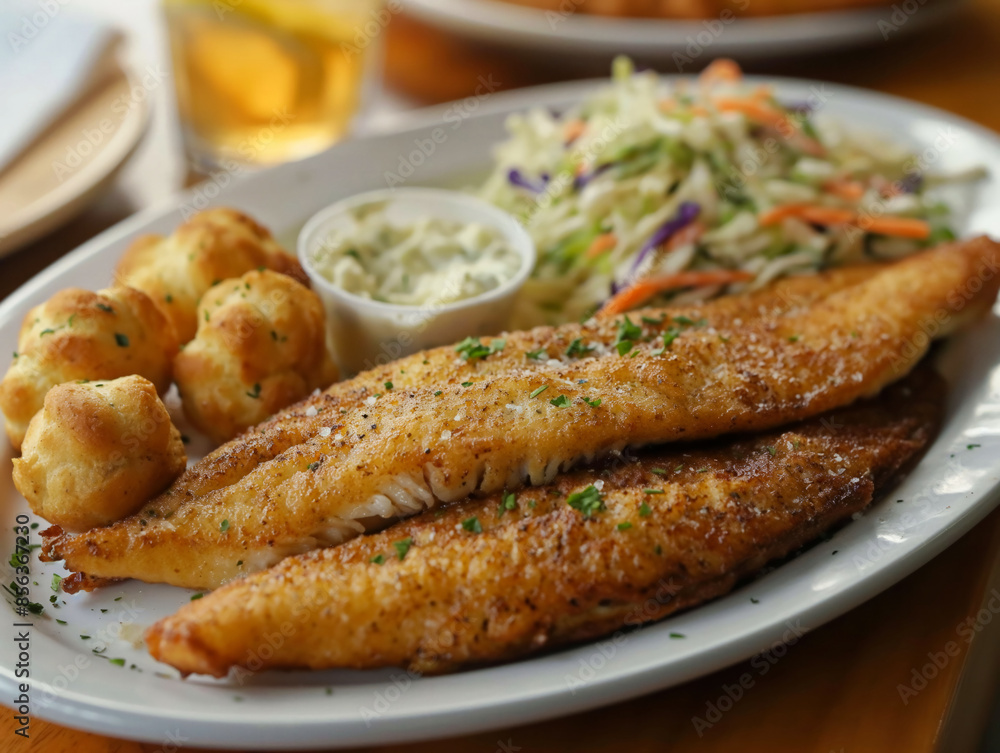 A plate of fish and potatoes with a side of coleslaw. The fish is cooked and seasoned, and the potatoes are crispy. The coleslaw is served in a separate container A plate of fish and potatoes with a side of coleslaw. The fish is cooked and seasoned, and the potatoes are crispy. The coleslaw is served in a separate container