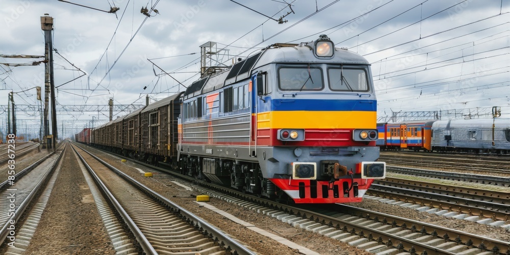Obraz premium Long freight train arriving at station