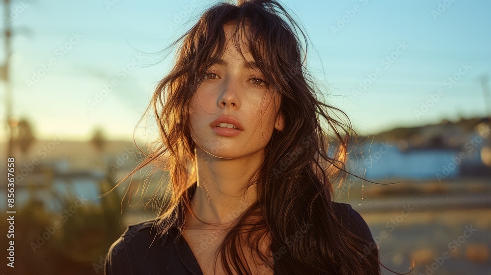 A close-up portrait of a woman with tousled hair at sunset, capturing a serene and natural beauty. A close-up portrait of a woman with tousled hair at sunset, capturing a serene and natural beauty.