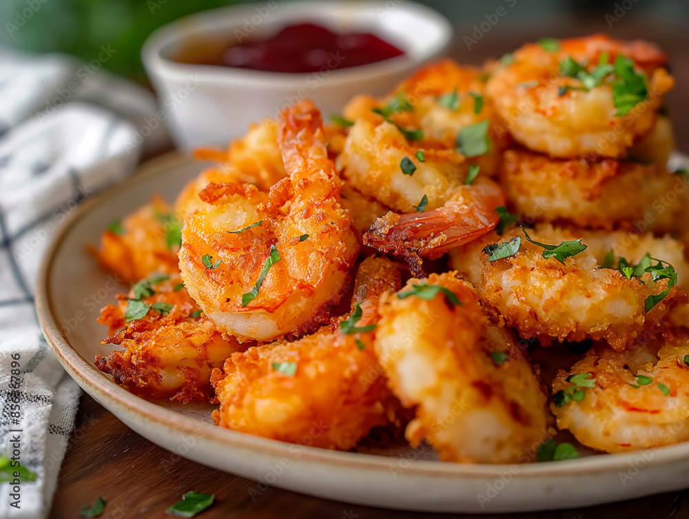 A plate of fried shrimp with parsley on top. The shrimp are golden brown and appear to be seasoned well. The parsley adds a pop of color and freshness to the dish. The plate is set on a wooden table A plate of fried shrimp with parsley on top. The shrimp are golden brown and appear to be seasoned well. The parsley adds a pop of color and freshness to the dish. The plate is set on a wooden table
