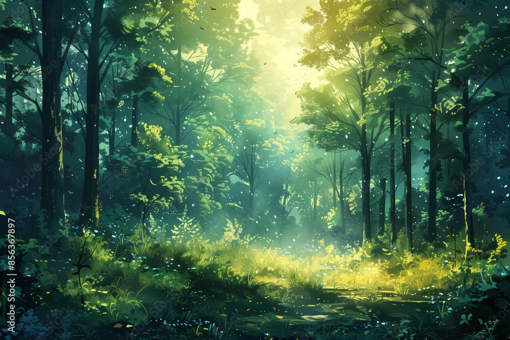 Obraz premium A Sunlit Path Through A Lush, Green Forest