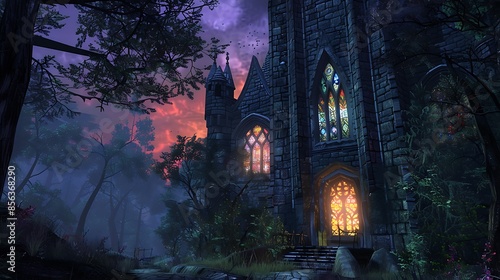 A castle with glowing stained glass windows in a twilight forest.
