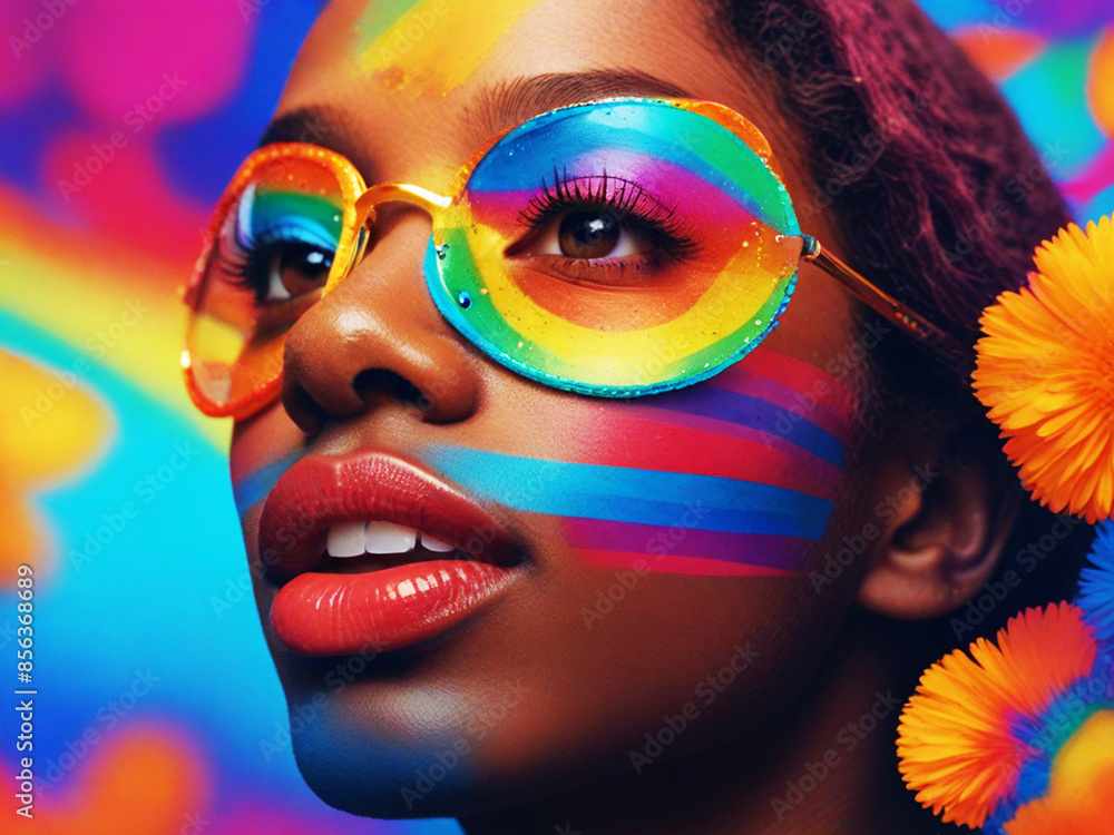Abstract illustration of a brightly colored woman with bright makeup and flowers in her hair Abstract illustration of a brightly colored woman with bright makeup and flowers in her hair