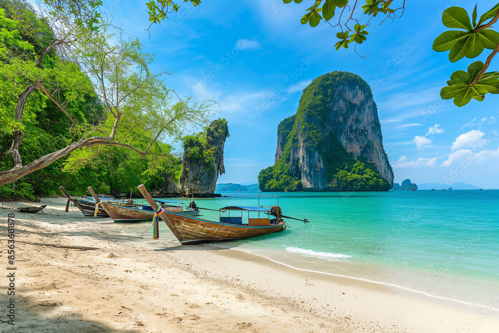 Fototapeta premium boats on a beautiful exotic beach in Thailand with mountains with vegetation sticking out of the water