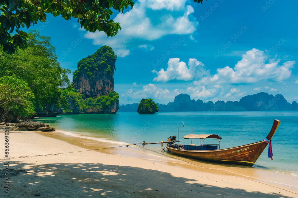 Fototapeta premium a boat on a beautiful exotic beach in Thailand with mountains with vegetation sticking out of the water, generative AI