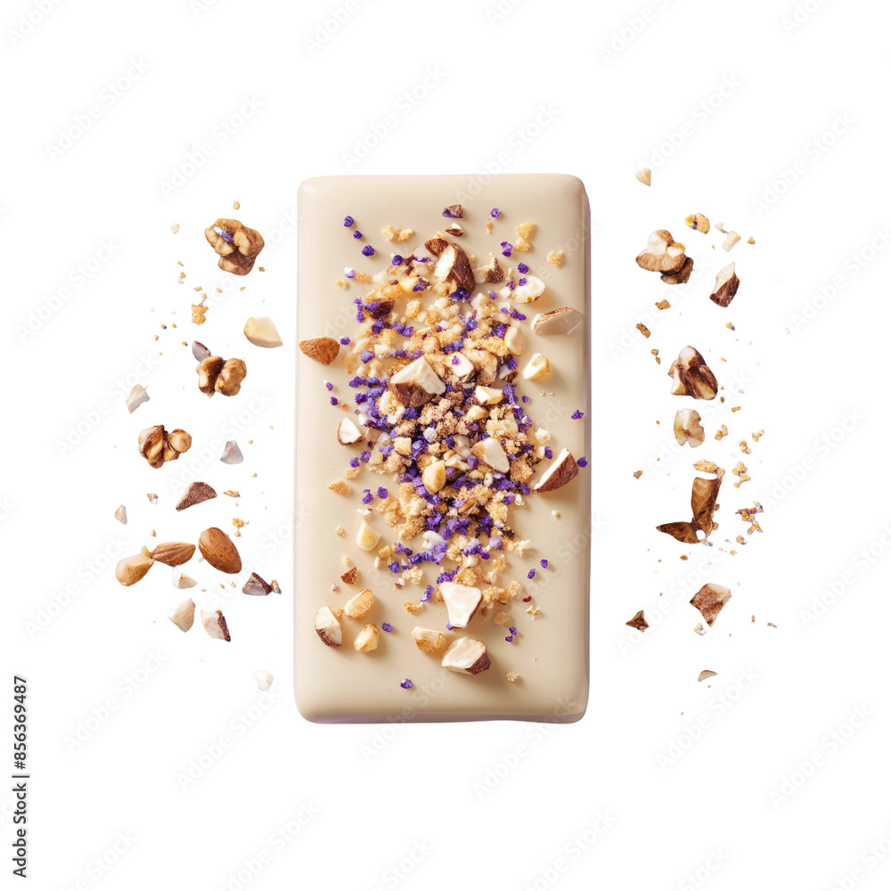 White chocolate bar sprinkled with nut crumbs and lavender White chocolate bar sprinkled with nut crumbs and lavender