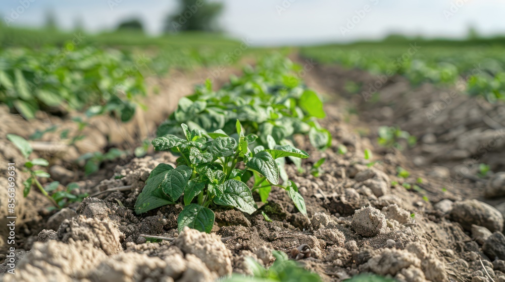 Drought Devastation: Cultivated Plants Withered on Crusty Summer Soil Drought Devastation: Cultivated Plants Withered on Crusty Summer Soil