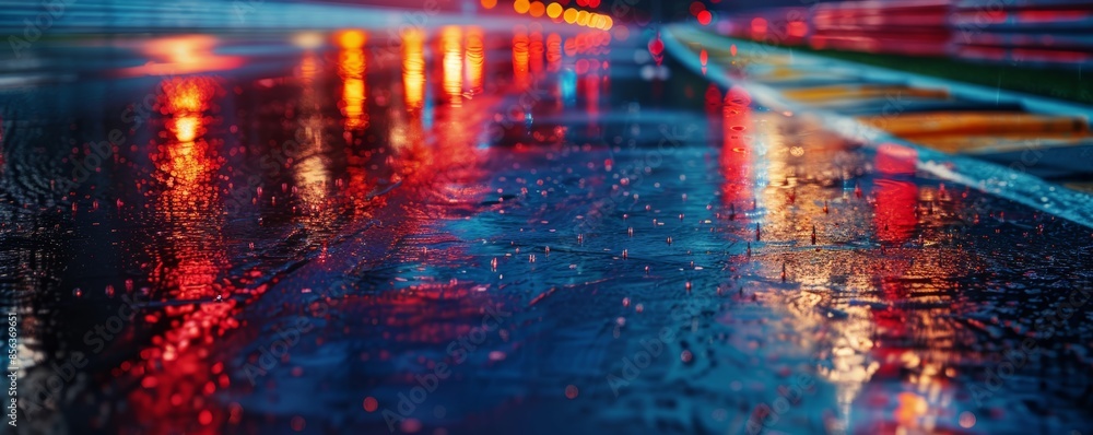 Obraz premium Race Track at Night with Rain, Colorful Reflections, Blurred Background, Vibrant Urban Scene