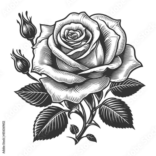 rose flower with detailed leaves, perfect for tattoos or botanical designs sketch engraving generative ai vector illustration. Scratch board imitation. Black and white image.