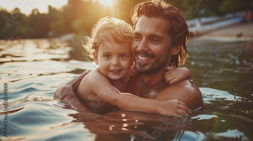 A child with his dad bathes in the water at sunset. Dad holds baby in her arms in the water © Olesia Khazova