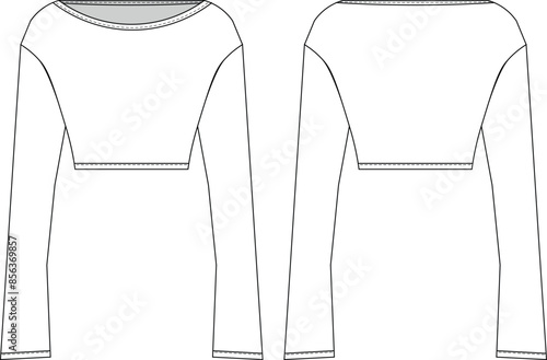 boat neck drop shoulder long sleeve cropped crop top blouse template technical drawing flat sketch cad mockup fashion woman design style model
