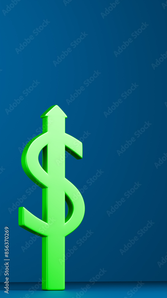 A monetary symbol with green ascending arrow on isolated blue background, profit and savings theme A monetary symbol with green ascending arrow on isolated blue background, profit and savings theme