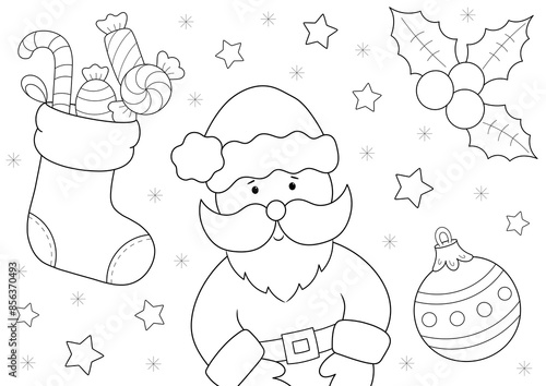 Slika na platnu christmas a4 colouring page, santa and candy filled stocking