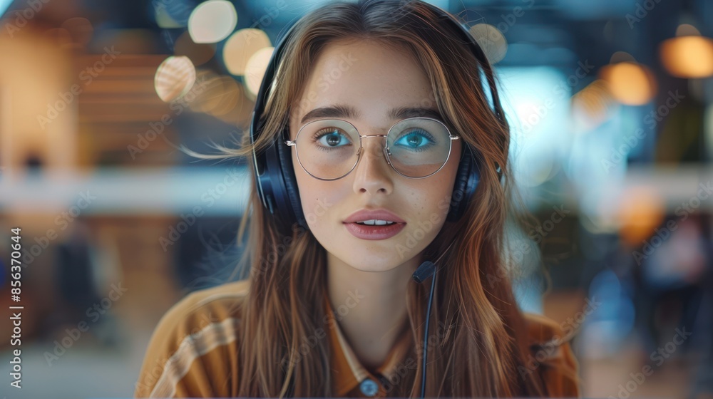 Smiling Customer Support Agent with Headphones Assisting Client on Computer in Office Setting Smiling Customer Support Agent with Headphones Assisting Client on Computer in Office Setting