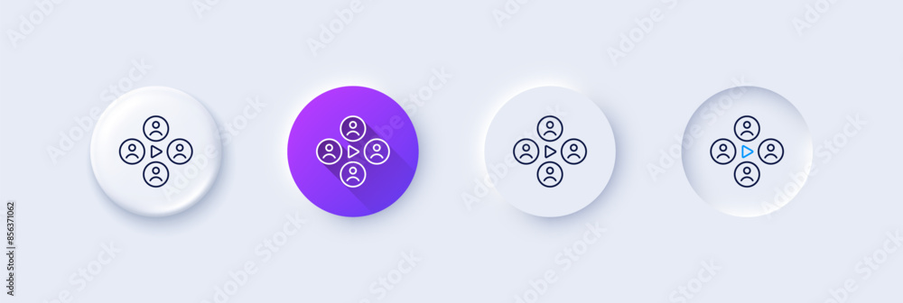 Video conference line icon. Neumorphic, Purple gradient, 3d pin buttons. Online meeting sign. Video teamwork symbol. Line icons. Neumorphic buttons with outline signs. Vector Video conference line icon. Neumorphic, Purple gradient, 3d pin buttons. Online meeting sign. Video teamwork symbol. Line icons. Neumorphic buttons with outline signs. Vector