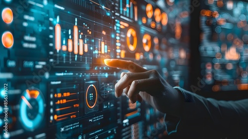 A hand interacts with futuristic digital interfaces filled with graphs and data analytics in a concept of advanced technology and information management.