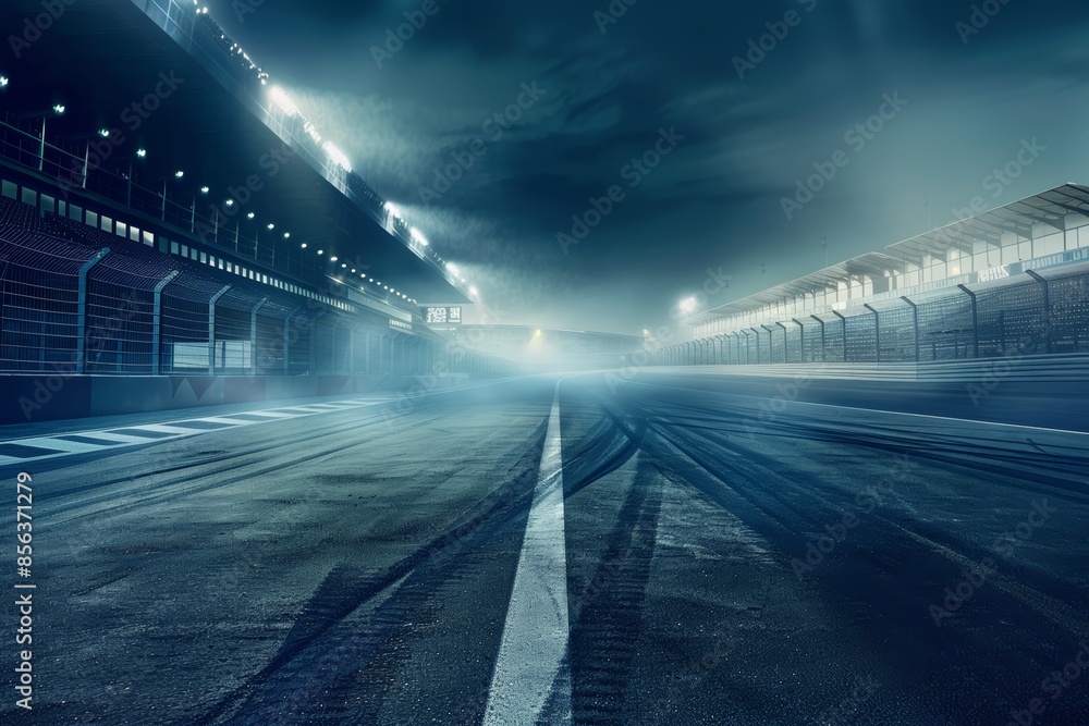 Race Track Night, Empty Wet Surface, Illuminated Foggy Grandstands, Lights Mist Dark, Asphalt Racing Environment Race Track Night, Empty Wet Surface, Illuminated Foggy Grandstands, Lights Mist Dark, Asphalt Racing Environment