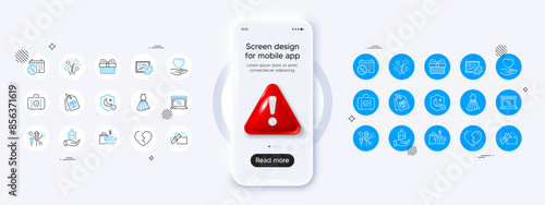 Puzzle, Gift and Guard line icons. Phone mockup with 3d danger icon. Pack of Calendar discounts, Carry-on baggage, Coupons icon. Market, Sale bags, Opened gift pictogram. Vector