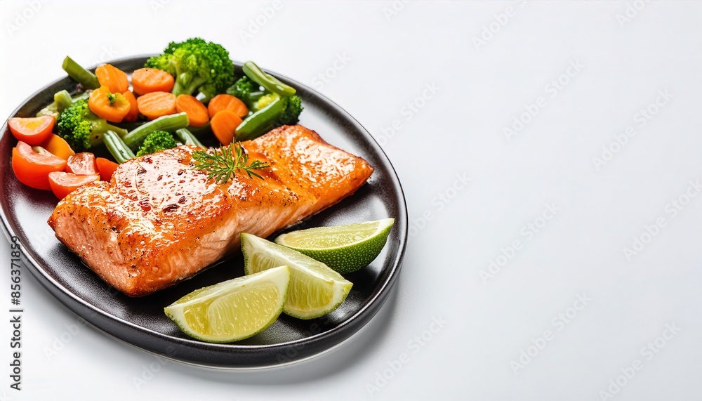 Healthy baked fish salmon steaks on isolated white background with copy space. can be served with assorted veggies or vegetables with lime or lemon wedges. healthy eating diet Healthy baked fish salmon steaks on isolated white background with copy space. can be served with assorted veggies or vegetables with lime or lemon wedges. healthy eating diet