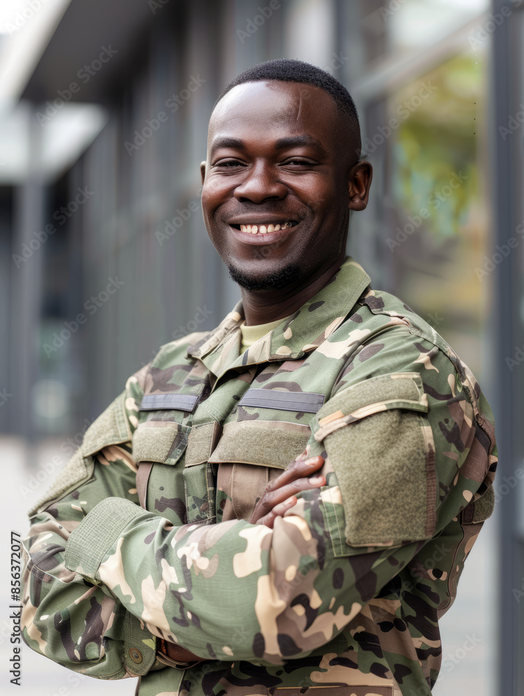 Portrait of a black soldier with a smile of confidence and pride looking at the camera, vertical
Portrait of a black soldier with a smile of confidence and pride looking at the camera, vertical
