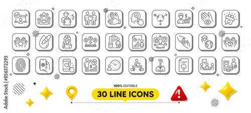 Money profit, Influence and Air conditioning line icons pack. 3d design elements. Eye drops, Hiring employees, Online access web icon. Yoga, People chatting, Teamwork pictogram. Vector