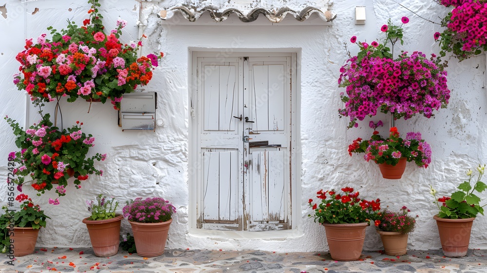 A picturesque scene of a white-washed building facade. At the center, there's a white wooden door with a vintage design. To the left of the door, there are three potted plants, each with a unique mix 