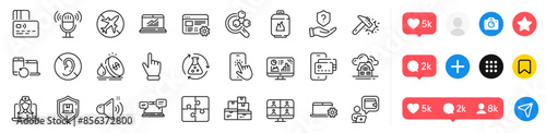 Wholesale goods, Fuel price and Hammer blow line icons pack. Social media icons. Chemistry lab, Recovery devices, Microphone web icon. Puzzle, Package protection, Cursor pictogram. Vector