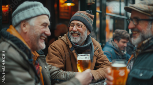 Group of senior adults sitting in bar outdoor in winter and drinking beer with friends, happiness and freedom concept. Generative AI © Budimir Jevtic