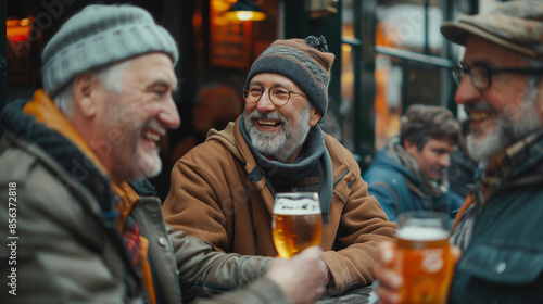 Group of senior adults sitting in bar outdoor in winter and drinking beer with friends, happiness and freedom concept. Generative AI