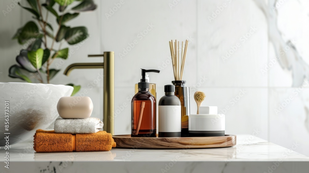 Personal care products and accessories in bathroom setting with space for text Personal care products and accessories in bathroom setting with space for text
