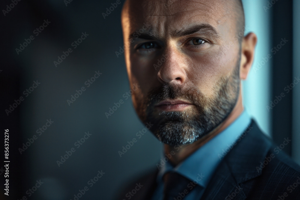 Close portrait of a serious middle aged businessman man on a dark background in the office looking at the camera
Close portrait of a serious middle aged businessman man on a dark background in the office looking at the camera