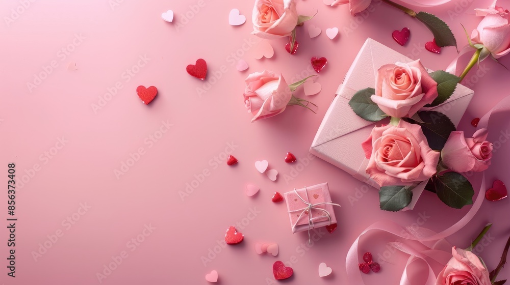 Valentine s Day theme with pink roses heart shaped gift box and love letter on pink backdrop Valentine s Day theme with pink roses heart shaped gift box and love letter on pink backdrop