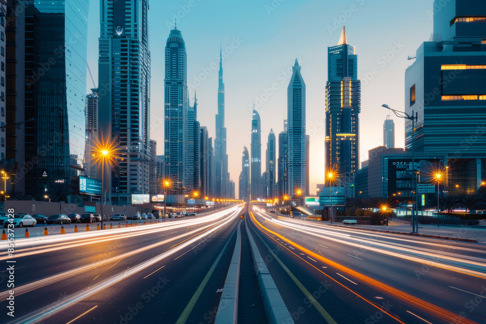 Fototapeta premium road in the city with skyscrapers. Panorama of a big city with lights 