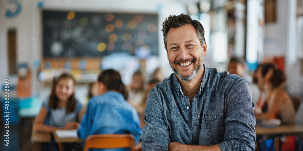 Fototapeta premium Smiling male teacher in a classroom with students