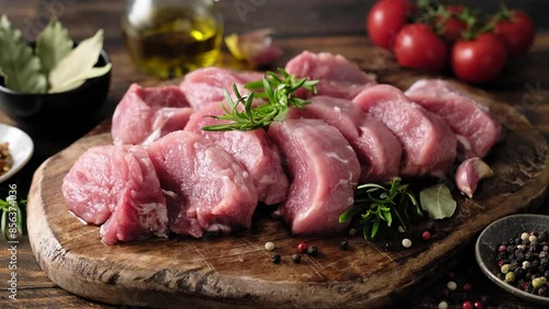 Raw pork tenderloin meat sliced medallions, close-up. Stock video 4k