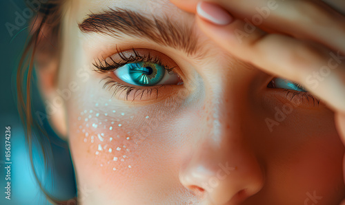 Close up of a womans blue eye with glitter on her cheek